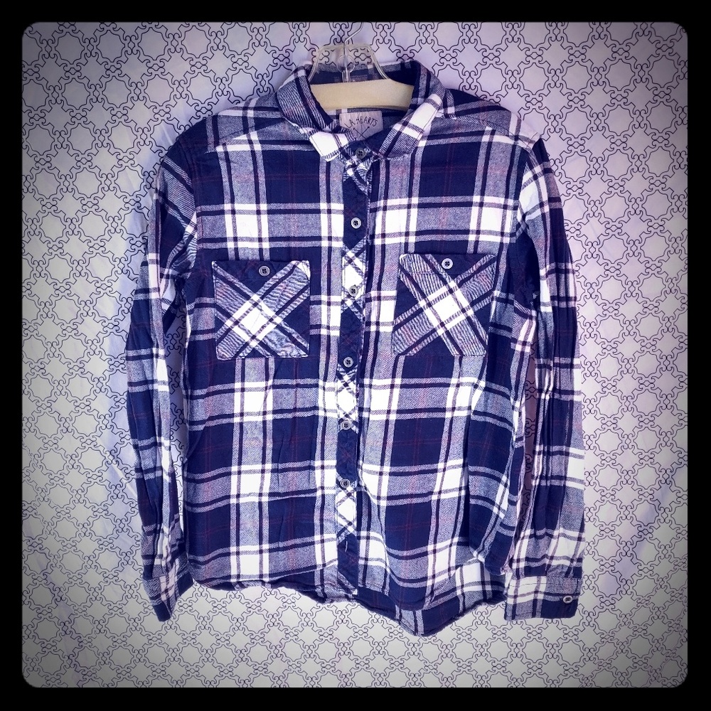 Ladies Navy Plaid button Up